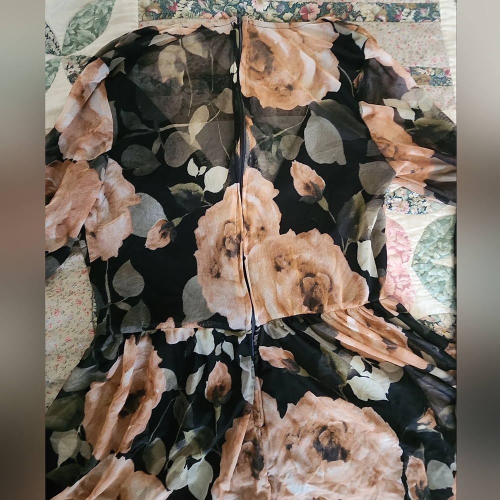 Black Sheer Romper with Large Roses - Picture 4 of 4